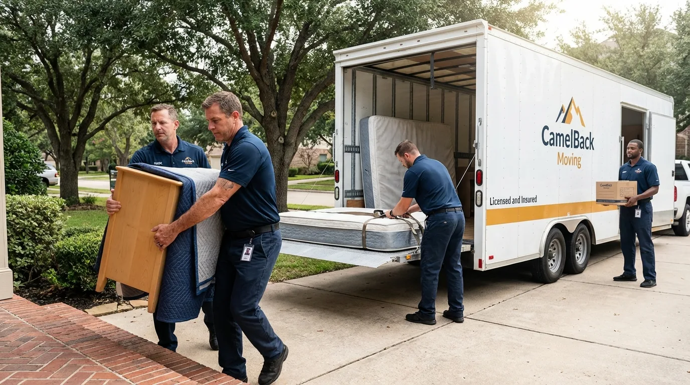 Crew loading residential truck for cross-state move from Belfast, ME