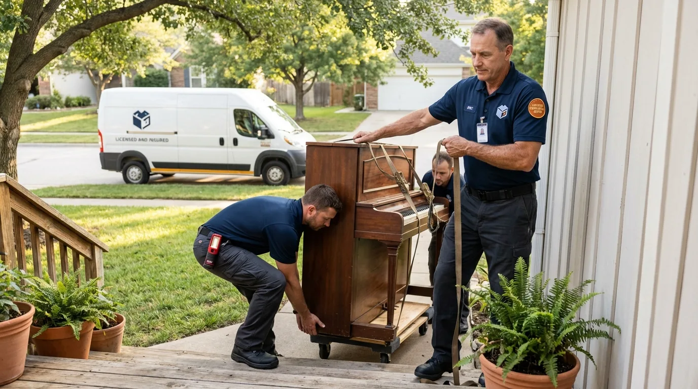 Licensed piano movers securing grand piano in Belfast, ME